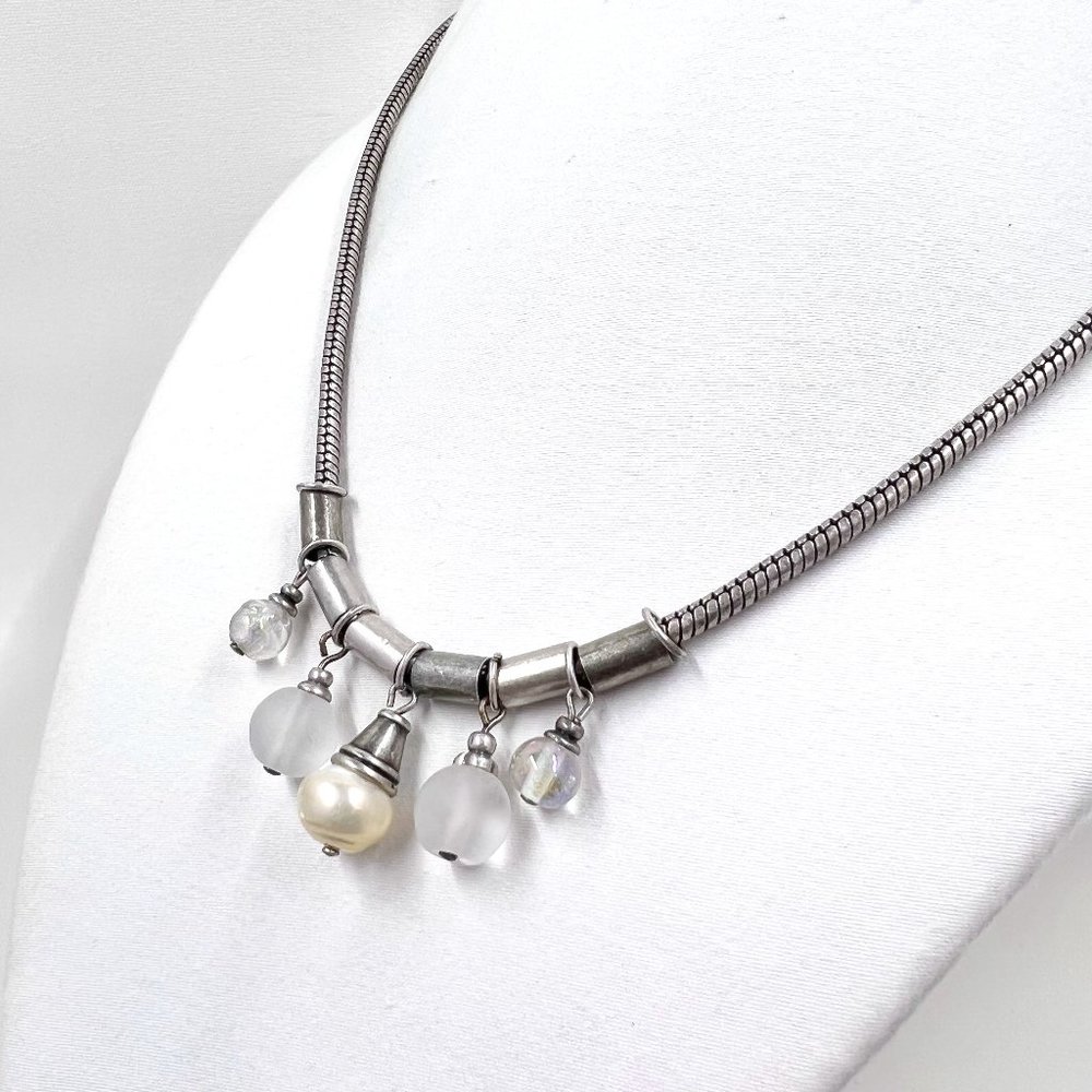 Faux Pearl and Glass Beaded Antiqued Silver Tone 18” Necklace